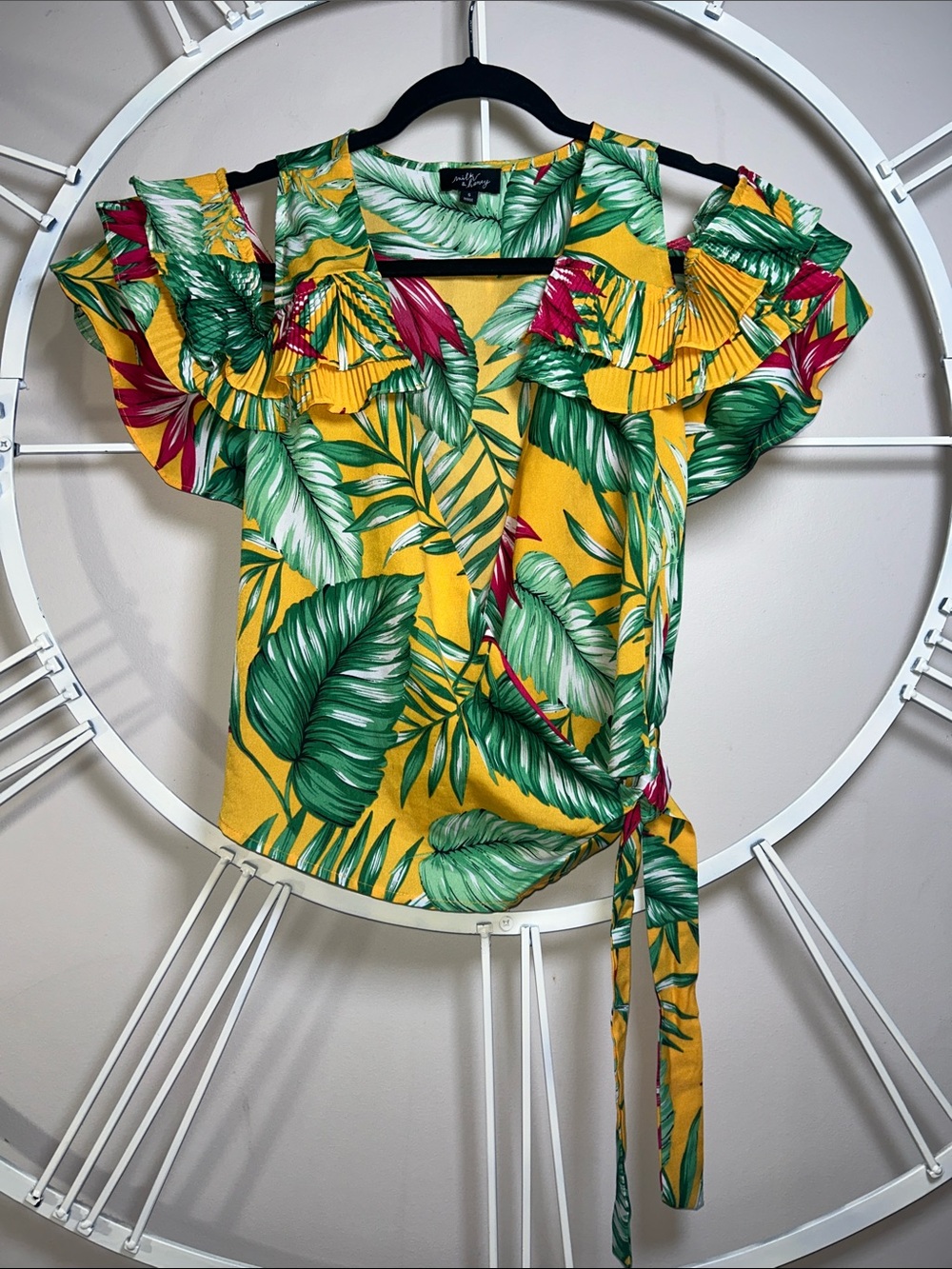 Milk & Honey Tropical Wrap Blouse in Yellow with Ruffle and Cold Shoulders